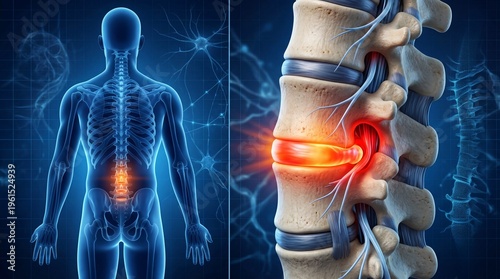 Spine Pain Backache and Disc Herniation Anatomy Medical illustration.