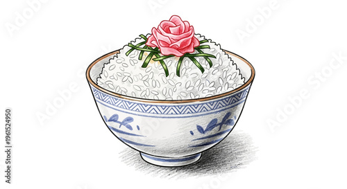 Hand-drawn illustration of a bowl of white rice with pickled ginger and chives