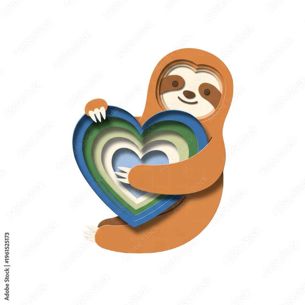 Fototapeta premium Paper cut sloth hugging layered heart illustration
