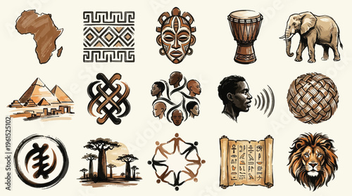 A vibrant collection of African cultural symbols and imagery, including maps, masks, animals, and traditional patterns.