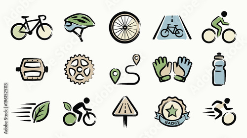 A collection of hand-drawn icons representing various aspects of cycling, including bikes, gear, and road elements.