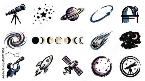 A collection of hand-drawn watercolor illustrations depicting various astronomical objects and space exploration themes, including telescopes, planets, galaxies, and rockets.