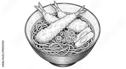 Hand-drawn illustration of tempura soba noodles in a bowl