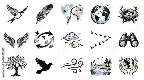 A collection of diverse artistic illustrations representing nature, wildlife, and environmental themes, including birds, trees, and the Earth.