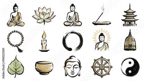 Collection of Buddhist symbols and icons, including Buddha statues, lotus flowers, incense, prayer beads, and a pagoda.