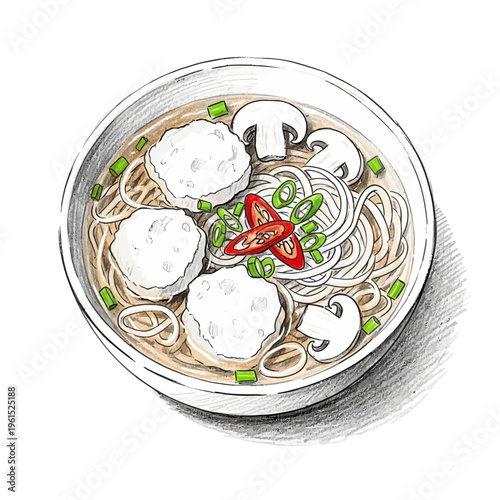 Hand-drawn noodle soup with meatballs, mushrooms, and chili