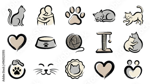 A collection of charming, hand-drawn icons representing various aspects of cat ownership and affection, including cats, hearts, and paw prints.