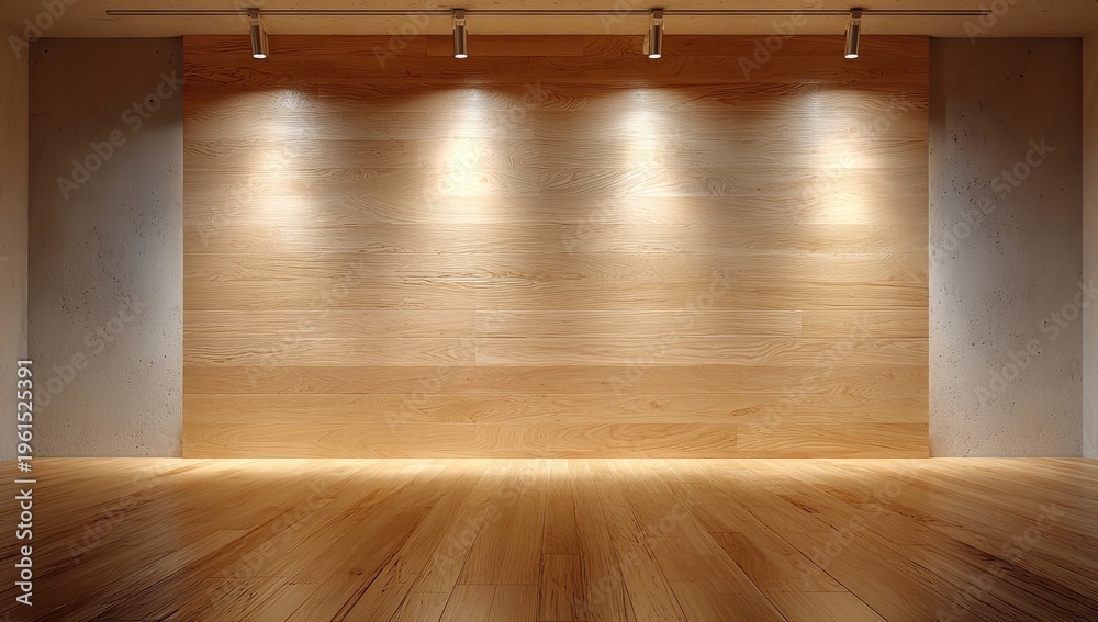 Fototapeta premium Empty gallery space with warm wood walls and polished wooden floor