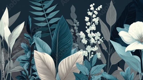 Deep indigo background features an array of stylized foliage in cool blue and pale ivory tones