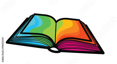 This vibrant vector graphic illustration beautifully presents an open book with brightly colored rainbow pages, symbolizing the expansive world of education, knowledge, and continuous learning, making