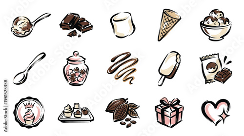 A collection of hand-drawn illustrations depicting various chocolate-themed desserts and ingredients, including ice cream, chocolate bars, marshmallows, and cocoa beans.