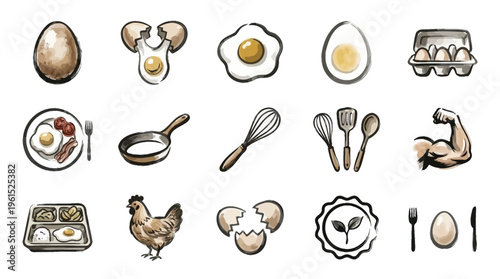 A collection of hand-drawn illustrations depicting various aspects of eggs, from raw and cooked forms to cooking utensils and a chicken.