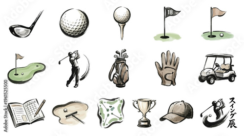 A collection of hand-drawn watercolor illustrations depicting various elements associated with the sport of golf, including equipment, players, and course features.