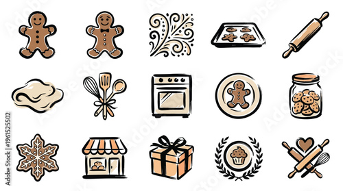 A collection of charming hand-drawn illustrations depicting various elements associated with baking and gingerbread cookies.
