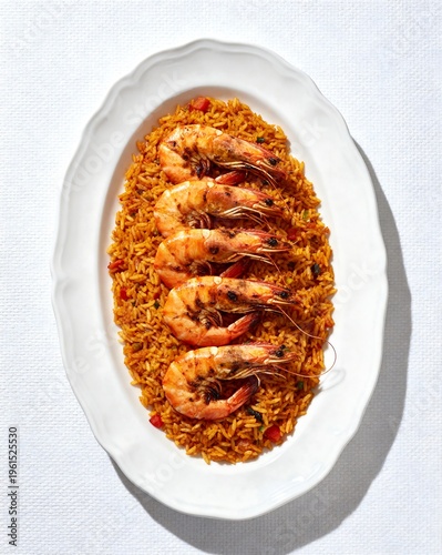 Savory Shrimp and Rice Dish on Oval Platter, Top Down View