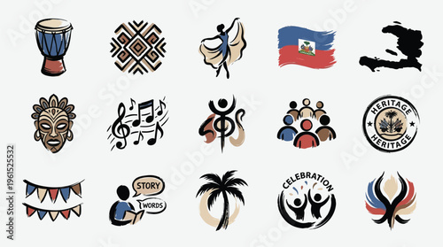 A vibrant collection of 15 diverse icons representing Haitian culture, heritage, and celebration, featuring symbols like drums, masks, flags, music, and people.
