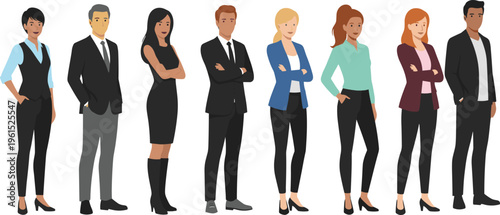Diverse group of confident business professionals and corporate leaders in formal and smart casual attire standing with arms crossed for leadership and team profiles flat vector