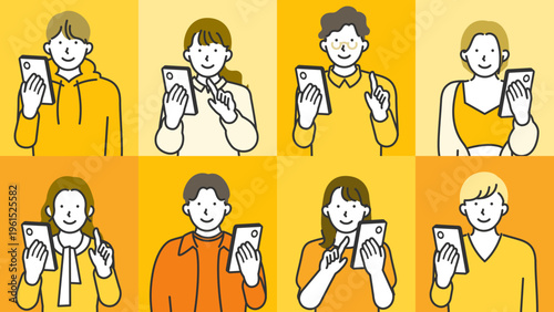 Gen z males and females deep in their phone screens wearing street fashion captured in joyful line art optimized for youth fintech gaming app short video platform and social media service visuals