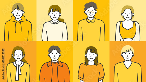 Vibrant grid of gen z males and females rocking street fashion assembled in expressive line art capturing the dual energy of carefree joy and cool indifference for youth culture campaigns