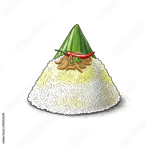 Nasi Lemak illustration: fragrant rice, chili, fried anchovies, banana leaf