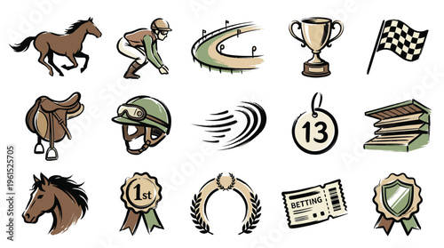 A collection of hand-drawn icons representing various elements associated with horse racing, including horses, jockeys, tracks, trophies, and betting tickets.