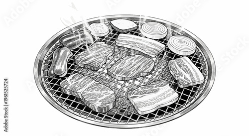 Raw meat and onion slices cooking on a round grill, top view, black and white illustration.
