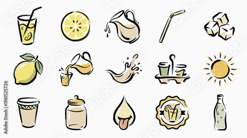 A collection of hand-drawn icons representing lemonade, including lemons, pitchers, glasses, straws, ice cubes, and a sun.