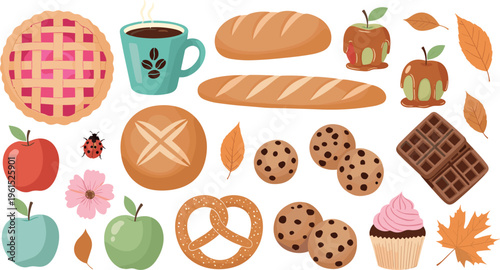Autumn Food and Bakery Vector Set Featuring Pie, Bread, Coffee, Cookies, Apples, Chocolate, and Fall Leaves for Seasonal Design