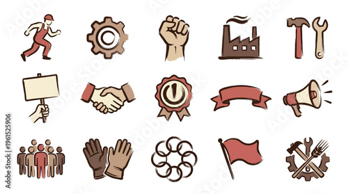 Collection of hand-drawn icons representing labor, industry, and social movements, including workers, tools, factories, and protest symbols.