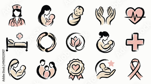 Collection of hand-drawn icons representing healthcare, maternity, family, and well-being, featuring nurses, mothers with babies, medical symbols, and abstract designs.