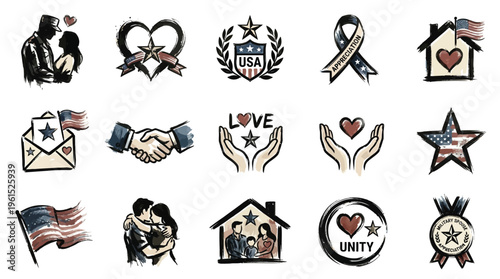 Collection of hand-drawn icons representing patriotism, love, unity, and family with American flag elements.