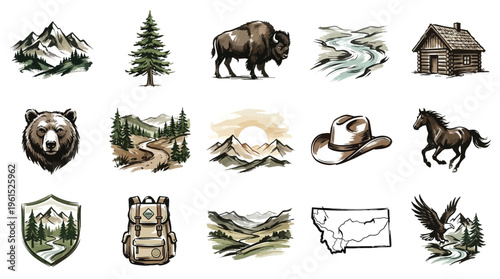 A collection of hand-drawn watercolor illustrations depicting various elements of the American West, including wildlife, landscapes, and iconic symbols.