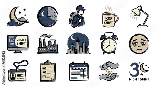 Collection of icons representing night shift work, including symbols for time, fatigue, industry, and work-related items.