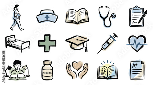 A collection of hand-drawn medical and educational icons, depicting healthcare professionals, learning, and medical equipment.
