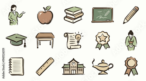 A collection of hand-drawn icons representing education, learning, and school-related concepts, including a teacher, apple, books, and graduation cap.