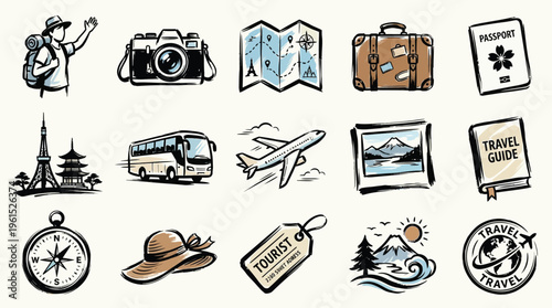 A collection of hand-drawn travel-themed icons, including a backpacker, camera, map, suitcase, passport, landmarks, and transportation.