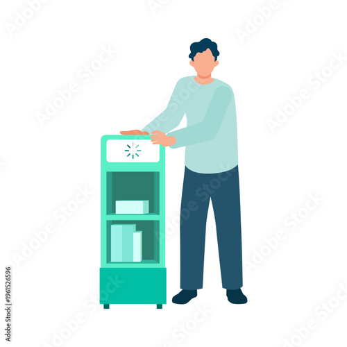 Autonomous service robot delivering documents to male office worker streamlining internal logistics and workplace automation solution for frictionless business operations and smart facility management