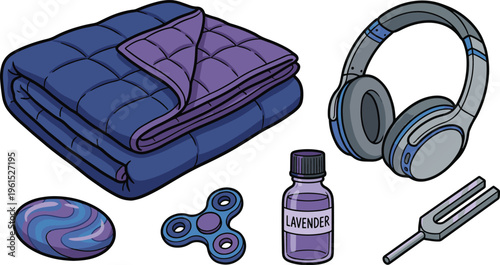 Relaxation setup with lavender products and accessories on a white surface