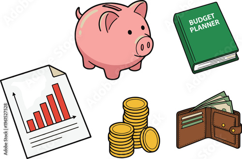 A piggy bank, budget planner, chart, coins, and wallet illustrate financial planning.