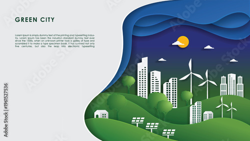 green city and renewable energy, ecology, sustainable ecosystem, eco-friendly banner design, green energy vector illustration with wind mill, solar panel