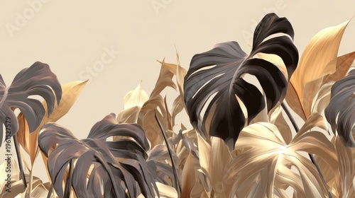 Stylized tropical foliage features dark and golden hued large leaf shapes against a muted background.
