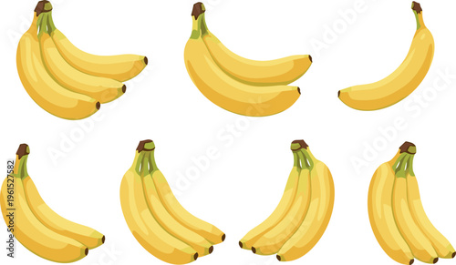 Banana Vector Set Featuring Single and Bunch Fruits, Fresh Yellow Tropical Produce Illustration for Healthy Food and Agriculture Design