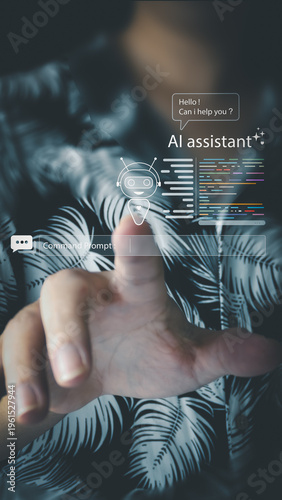 A person touches a virtual holographic interface featuring an AI assistant robot icon, colorful code lines, and a command prompt, illustrating futuristic smart technology.