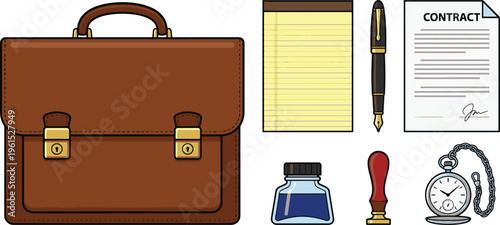 A businessperson's office desk with briefcase, contract, pen, ink, and clock