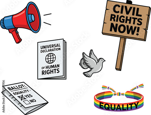 A protest scene with a megaphone, signs, and symbols promoting civil rights and equality now in a peaceful gathering.