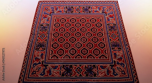 Vibrant red and blue traditional oriental rug with intricate patterns on floor