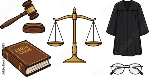 A judge's gavel rests beside a legal code book and scales near a robe.