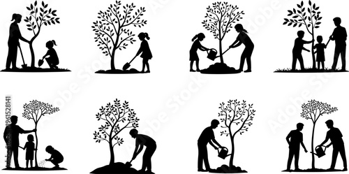 People planting tree silhouettes family gardening activity environmental conservation nature care teamwork eco lifestyle flat vector illustration set