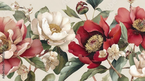 Lush arrangement of deep red and creamy white blossoms creates a dramatic botanical border