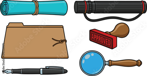 A collection of office supplies and tools including a folder, magnifying glass, and pen on a desk.